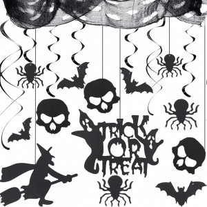 Set de decoratiuni pentru Halloween Booaee, bumbac/hartie/PVC, negru, 14 piese