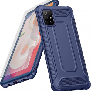 Set de husa cu doua folii de protectie ecran pentru Galaxy A51 ORETECH, sticla securizata/policarbonat termoplastic, albastru inchis/transparent, 6,5 inchi