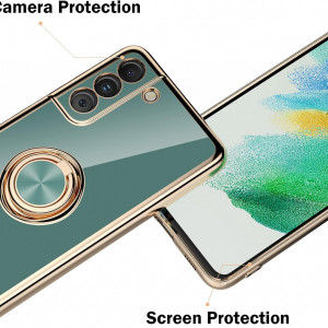 Set de husa si 2 folii de protectie pentru Samsung Galaxy S21 FE Giolus, silicon/sticla securizata,gri/auriu, 6,4 inchi