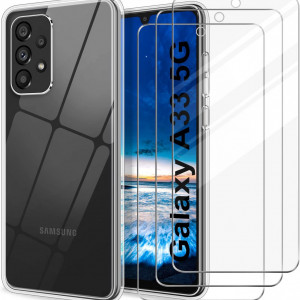 Set de husa si 3 folii de protectie pentru Samsung Galaxy A33 5G YNMEacc, silicon/sticla securizata, transparent - Img 1