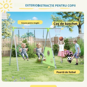 Set de joaca copii 3in1 cu leagan, cos baschet, poarta fotbal, 238x180x182cm, Verde/Gri - Verificat A · Re-Bloom - Img 5