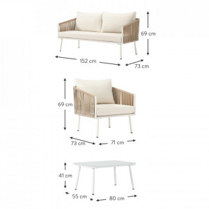 Set de mobilier pentru gradina Malo, 2 fotolii, canapea si o masa, aluminiu/sticla/poliester, alb/bej deschis - Img 7