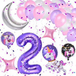 Set de petrecere pentru 2 ani Colmanda, latex/folie, model unicorn, multicolor, 32 piese - Img 1