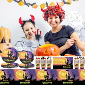 Set de tacamuri pentru petrecerea de Halloween Syijupo, hartie, multicolor, 107 piese