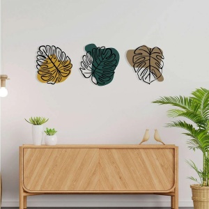 Set decoratiuni de perete Re-Bloom, 3 piese, model frunze, metal/lemn, multicolor - Img 3