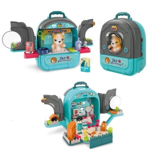 Set ghiozdan jucarie 3 in 1 Rovo 998-1, Spital Catel, Veterinar, 59 piese - Albastru - Img 4