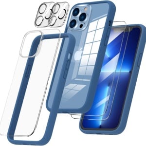 Set husa, 2 folii pentru camera, 1 folie spate si 2 pentru ecran compatibile cu iPhone 13 Pro Max Ornarto, silicon/sticla securizata, albastru inchis/transparent, 6,7 inchi