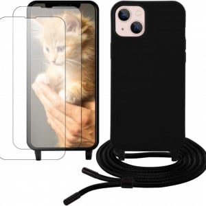 Set husa cu snur si 2 folii de protectie pentru iPhone 13 Gumo-Long, poliester/TPU, negru/transparent, 6,1 inchi