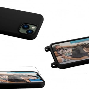 Set husa cu snur si 2 folii de protectie pentru iPhone 13 Gumo-Long, poliester/TPU, negru/transparent, 6,1 inchi