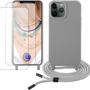 Set husa cu snur si 2 folii de protectie pentru iPhone 13 Pro Gumo, TPU/poliester/sticla securizata, gri deschis/transparent, 6,1 inchi