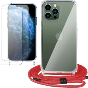 Set husa cu snur si 2 folii de protectie pentru iPhone 13 Pro Gumo, TPU/poliester/sticla securizata, rosu/transparent, 6,1 inchi