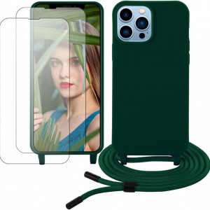 Set husa de protectie cu snur si 2 folii pentru iPhone 13 Pro Max Gumo, TPU/poliester/sticla securizata, verde inchis/transparent, 6,7 inchi