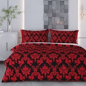 Set husa pilota + fata de perna, 70% bumbac/30% poliester, 155x220 cm + 80x80 cm, imprimeu pigmentat, lavabil 30°C, rosu/negru - Verificat A · Re-Bloom