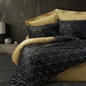 Set husa pilota + fata de perna, bumbac ranforce 100%, 135x200 cm + 80x80 cm, negru/auriu - Verificat A · Re-Bloom