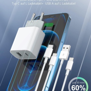 Set incarcator si 2 cabluri USB C si Lightning Everdigi, ABS/PC, alb, 32W, 1 m