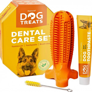 Set ingrijire dentara pentru caini Natural Dog, periuta si pasta de dinti, cauciuc, portocaliu, marimea L