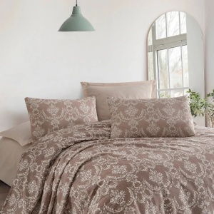 Set lenjerie de pat, bumbac 100%, 240x220 cm, cearsaf neelastic, lavabil 30°C, maro - Verificat A · Re-Bloom
