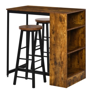 Set masa bar cu 3 rafturi + 2 scaune inalte, stil industrial, PAL/otel, Maro rustic/Negru - Verificat A · Re-Bloom