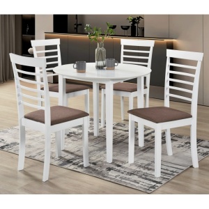 Set masa dining si bucatarie Drimus Sophia, MDF, rotunda, 90x74 cm si 4 scaune Montreal, lemn, tapiterie stofa, alb