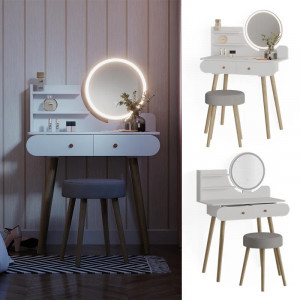 Set masuta de toaleta cu oglinda si taburet Alaniz, lemn/metal/sticla, alb/natur/gri