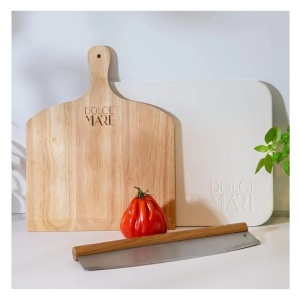 Set Piatra copt, lopata lemn si cutit pizza, DOLCE MARE, 38 cm x 30 cm x 1, 5 cm, Alb, Resigilat, Grad A - Img 4