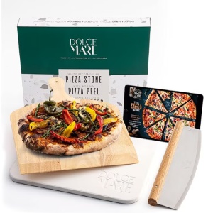 Set Piatra copt, lopata lemn si cutit pizza, DOLCE MARE, 38 cm x 30 cm x 1, 5 cm, Alb, Resigilat, Grad A