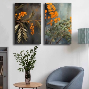 Set tablou decorativ Re-Bloom, 2 piese, model floral, lemn/panza, verde/albastru/portocaliu, 45 x 70 cm - Img 4