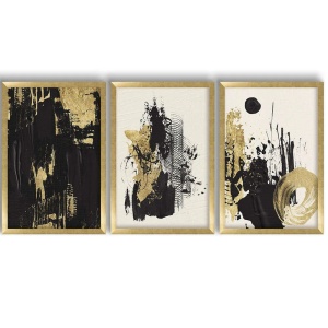 Set tablou decorativ Re-Bloom, 3 piese, lemn masiv/MDF, alb/negru/auriu, 38 x 53 x 3,5 cm