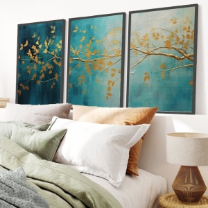 Set tablouri decorative Re-Bloom, 3 piese, MDF/lemn masiv, albastru/auriu, 50 x 70 cm - Img 2