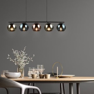 Sheldon lustra pendul 5 lumini E14, 83x150 cm, fier vopsit negru mat, globuri sticla fumurie, inaltime reglabila, 230V - Verificat A · Re-Bloom - Img 3