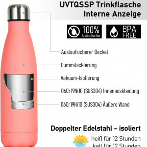Sticla pentru apa UVTQSSP, otel inoxidabil, roz deschis, 500 ml