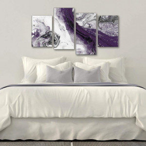 Tablou abstract, 4 piese, panza/lemn, violet/alb/gri, 130 x 67,5 cm - Img 2