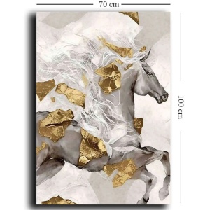 Tablou decorativ Re-Bloom, model cal, panza/lemn, gri/auriu/alb, 70 x 100 cm - Img 2