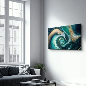 Tablou decorativ Re-Bloom, sticla temperata, albastru/verde/auriu, 70 x 110 cm - Img 2