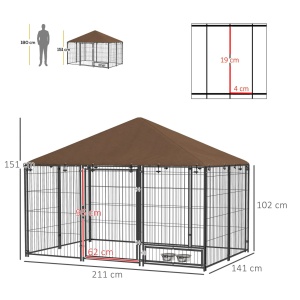 Tarc pentru caini, otel/material Oxford, 211x141x151 cm, suprafata 2.8m², usa 62x95cm, 2 boluri inox Ø18x5.5cm incluse, negru/maro - Verificat A · Re-Bloom - Img 3