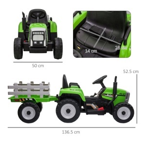 Tractor electric pentru copii cu remorca detasabila, PP/metal, 136.5x50x52.5 cm, baterie 12V 4.5Ah, viteza 3-6km/h, telecomanda 15m, autonomie 45min, capacitate 30kg, certificat EN71/EN62115, varsta 3-6 ani, verde/gri/negru - Verificat A · Re-Bloom - Img 3