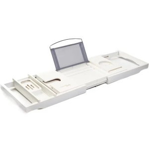 TranquilBeauty masuta cada extensibila bambus 70-102 cm, antiderapanta, antimucegai, suport tableta vin lumanare, alb - Verificat A · Re-Bloom