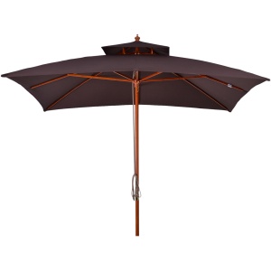 Umbrela de gradina 3x3m, bambus/lemn teak/poliester, 300x300x297 cm, catarg Ø48mm, 8 lamele bambus, 2 niveluri, 12kg, sistem deschidere cu coarda, teak/maro - Verificat A · Re-Bloom