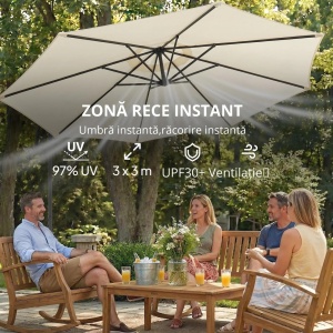 Umbrela de gradina cu brat si manivela, otel/poliester, Ø295x245 cm, stalp brat Φ42mm + sustinere Φ48mm, alb crem/negru - Verificat A · Re-Bloom - Img 4
