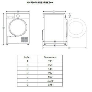 USCATOR DE RUFE CU POMPA DE CALDURA HEINNER HHPD-M8N13PBKE++, CAPACITATE INCARCARE 8KG, CLASA ENERGETICA E, 16 PROGRAME DE USCARE, DISPLAY LED, PROGRAM RAPID CAMASI, FUNCTIE START INTARZIAT, FUNCTIE ANTI-SIFONARE, LUMINA CUVA, SELECTOR NIVEL USCARE, INDIC - Img 2