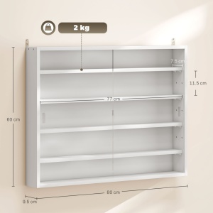 Vitrina suspendata de perete 80x9.5x60 cm, 5 rafturi reglabile, 2 usi glisante sticla, PAL, pentru figurine si parfumuri, alb - Verificat A · Re-Bloom - Img 3