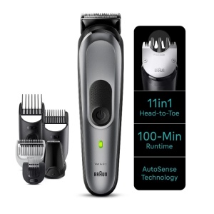 Aparat de tuns multifunctional Braun MGK7440, Wet&Dry, AutoSense, 11-in-1, autonomie 100 minute, geanta, Gri, Resigilat, Grad A