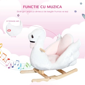 Balansoar pentru copii design Lebada cu muzica, plus/lemn/metal, 60x32x55 cm, inaltime sezut 26cm, capacitate 30kg, varsta 18 luni+, 2 baterii LR44 incluse, roz/alb - Verificat A · Re-Bloom - Img 6
