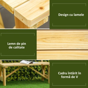 Banca de exterior pentru 2 persoane, lemn de pin, 116x56x80 cm, sezut 116x37cm/inaltime 45cm, capacitate 220kg, lemn natur - Verificat A · Re-Bloom - Img 3