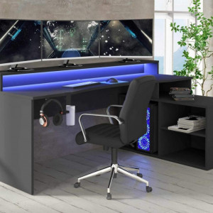Birou de gaming Tezaur, LED, negru, 200 x 125,5 x 91 cm - Img 8