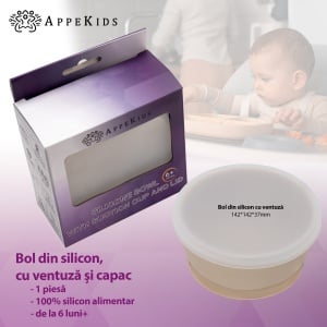 Bol din silicon cu ventuza si capac, AppeKids - Bubble Beige - Img 3