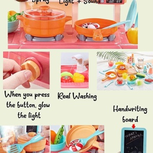 Bucatarie copii, Rovo 187, aragaz de jucarie, chiuveta cu circuit de apa, aragaz aburi, sunete, lumini, frigider, fructe, legume, multiple accesorii, 42 de piese - Img 6