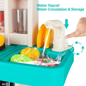 Bucatarie copii, Rovo 277, aragaz de jucarie, chiuveta cu circuit de apa, aragaz aburi, sunete, lumini, frigider, cuptor, fructe, legume, multiple accesorii, 50 de piese - Img 7