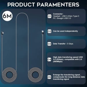 Cablu de date Type C pentru Quest 2, Quest Link Steam VR Orzero, metal/nailon, alb/negru, 6 m