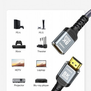 Cablu HDMI 8K Snowkids, 8K60 4K120 144Hz de mare viteza, gri, 1 m - Img 2